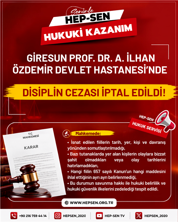 Giresun Prof. Dr. A. İlhan Özdemir Devlet Hastanesi’nde Disiplin Cezası Mahkeme Kararıyla İptal Edildi